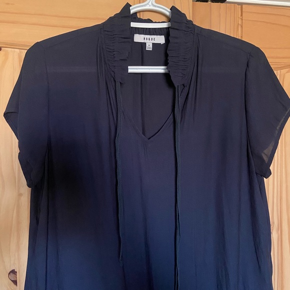 Short Sleeve Ruffle Sheer Top - Navy Blue - Picture 2 of 4
